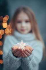 Poster - close-up of young white girl holding star ornament blurred bokeh lights in background