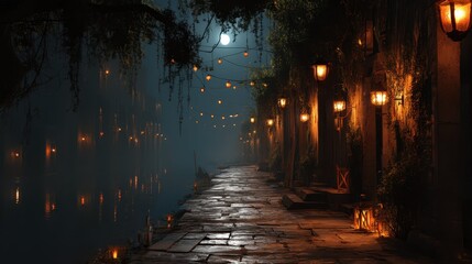 Poster - Serene Night Pathway Illuminated by Lanterns and Moonlight Glow