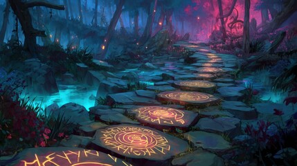 Poster - Enchanted Pathway with Glowing Runes Through Mystical Forest