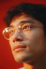 Poster - close-up portrait of southeast asian man looking upward light from holiday candles reflecting in glasses