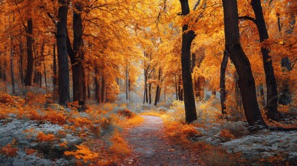 Poster - Serene Path Through Golden Autumn Leaves in Tranquil Forest