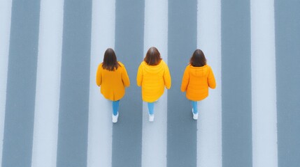 Poster - drone top-down view of three fashion models walking crosswalk in coordinated outfits symmetry with space