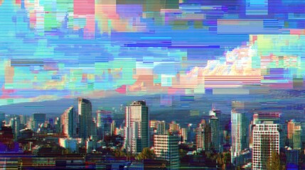 Poster - Digital Glitch Over City Skyline with Colorful Distortion Effects