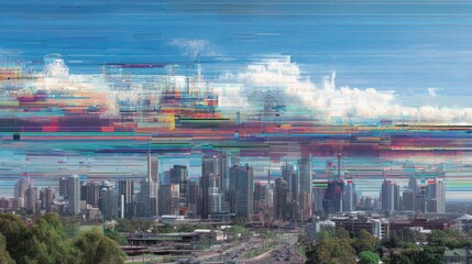 Poster - Digital Error in City Skyline Creates Unique Glitch Art Effect
