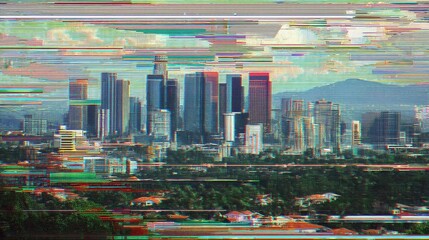 Poster - Massive Digital Error Glitch in City Skyline with Distorted View