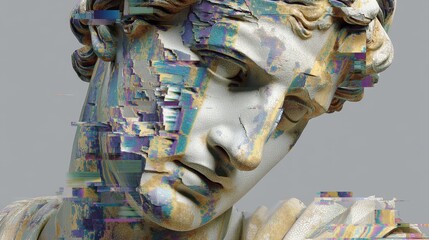 Poster - Fragmented Digital Statue with Corrupted Error Effects and Glitches