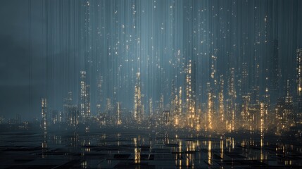 Poster - Digital Rain Over Virtual City with Floating Light Particles
