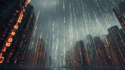 Poster - Digital Rain Over Virtual City with Binary Code Elements