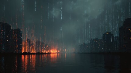 Poster - Digital Rain Falling Over a Virtual City with Glowing Errors