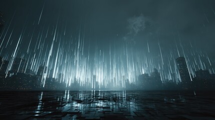 Poster - Digital Rain Falling Over Virtual Cityscape at Night