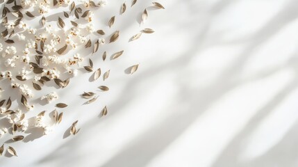 Poster - Delicate Leaves and Petals Displayed on Soft White Background for Nature and Minimalist Aesthetic