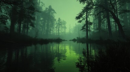 Poster - Eerie Green Light in Misty Swamp Landscape with Calm Water Reflections
