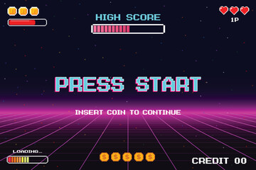 Aufkleber - PRESS START. INSERT A COIN TO CONTINUE. pixel art .8 bit game. retro game. for game assets. Retro Futurism Sci-Fi Background. glowing neon grid. and stars from vintage arcade computer games