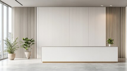 Poster - Modern minimalistic office interior with bright reception area and green plants in stylish pots and wooden paneling