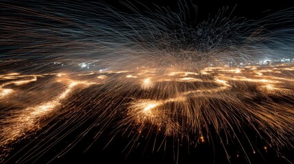 Poster - Spectacular Formation of Jets Flying Through Fireworks at Night