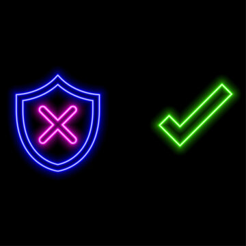 cross, x mark icon set,neon style. selection. Green check mark, red cross and yellow exclamation mark vector signs, tick mark symbol, x cross, exclamation button, vector illustration.