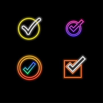Cute Vector 3d Checkmark Realistic Icons Set. neon style.Collection of trendy shiny plastic green check mark buttons in different angles, choice icon isolated on blue background. 