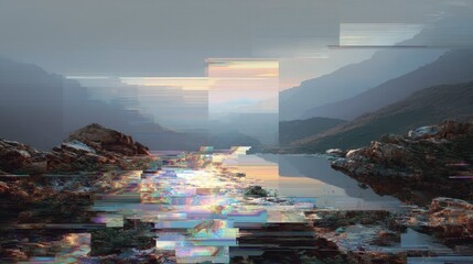 Poster - Surreal Landscape with Glitch Effects and Distorted Reality Elements