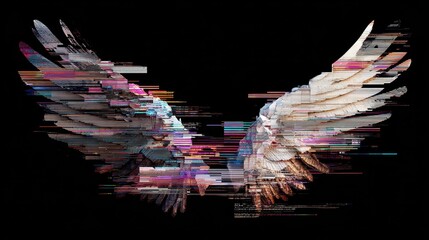 Poster - Digital Glitch Art Depicting Fragmented Angel Wings with Colorful Patterns