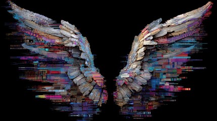 Poster - Glitching Angel Wings Made of Error Fragments in Digital Art Style