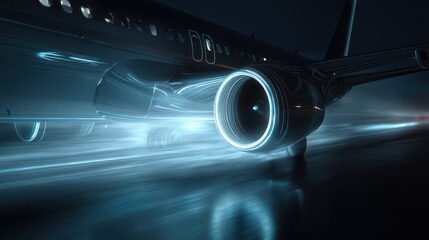 Poster - High-Tech Jet Engine Glowing with Light Trails in Dark Environment