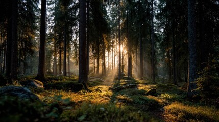 Poster - Golden Sunlight Streaming Through Tall Trees in Peaceful Forest Scene