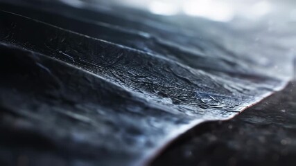 Poster - Glittering particles surround a flexible, innovative material resembling dark fabric or metallic sheet, flowing and bending in a dimly lit, advanced technology environment