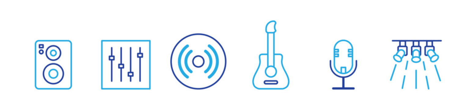 Audio icon set. Containing guitar, speaker, vinyl, mic, lighting, mastering icons Solid icon collection. Vector illustration.