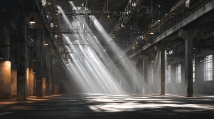 Poster - Industrial Warehouse Interior with Shafts of Light Streaming In