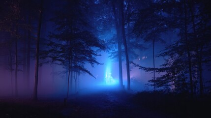 Poster - Mystical Blue Light Emerges in Foggy Forest at Dawn