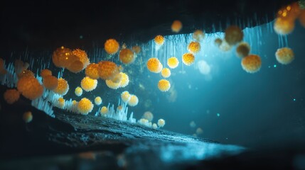 Poster - Mystical Cave with Glowing Fungi and Water Drops in Ancient Atmosphere