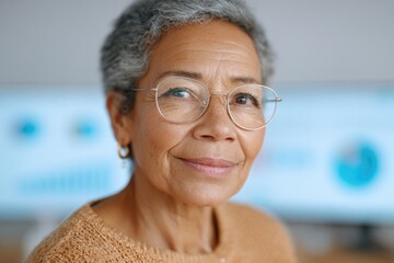 Poster - portrait of elderly african-american consultant sharing screen with client analytics dashboard blurred behind