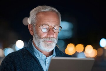 Poster - portrait of elderly arab man using vpn app on tablet soft lighting and tech background slightly blurred
