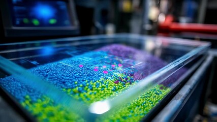 Poster - Colorful plastic granules processing in a transparent container, monitored by advanced technology, emphasizing innovation in material science and industrial automation
