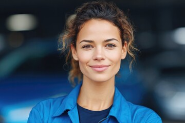 Poster - portrait of smiling biracial young woman in mechanic uniform leaning on vehicle blurred garage background