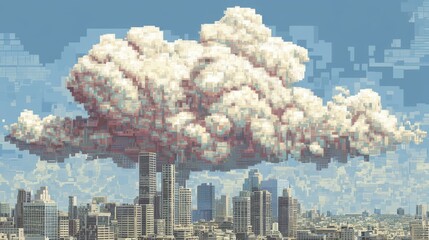 Poster - Pixelated Cloud Over Modern Cityscape in Artistic Style