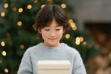 Poster - portrait of young asian boy unwrapping christmas present with excitement blurred fireplace behind