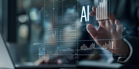 Poster - Futuristic Technology and AI Innovation Person Interacts with Digital Interface Displaying Graphics, Data, and Charts in Modern Business Environment