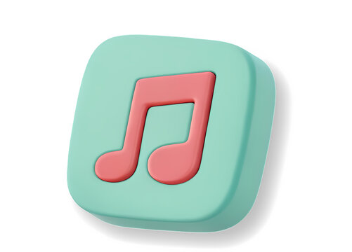 Music notes button. 3D rendering isolated on white and transparent background. Plastic cartoon design. 