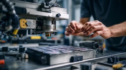Poster - Close up of hands working on a machine, assembling electric vehicle battery cells in a factory, showcasing advanced manufacturing processes and innovative technology