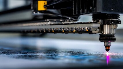 Poster - High precision industrial laser cutter engraving intricate patterns onto a metal sheet, showcasing advanced manufacturing technology and innovation in a modern factory setting