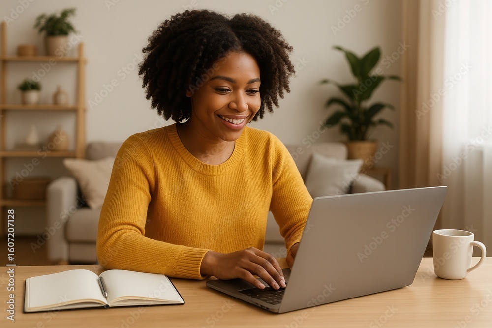 Smiling black woman working from home using laptop computer Stock ...