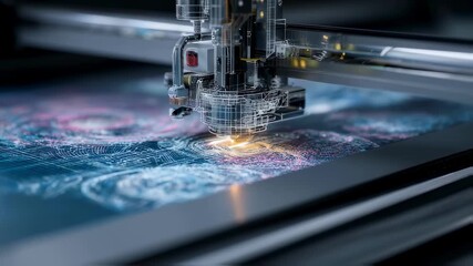 Poster - Industrial laser engraving machine meticulously crafting intricate designs on a material surface, showcasing precision and innovation in modern manufacturing processes
