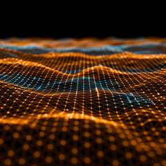 Abstract digital network grid with glowing orange and blue lights creating a wavy landscape