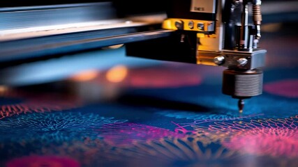 Poster - Close up of an industrial embroidery machine creating a vibrant floral design on dark blue fabric, showcasing the precision and artistry of automated textile production