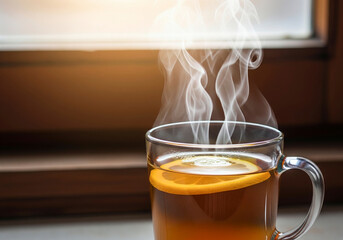Aufkleber - Steaming Hot Tea with Lemon Slice in a Glass Mug