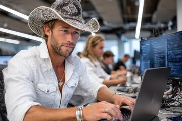 Poster - Young man wearing a cowboy hat working on a laptop in a modern office environment
