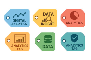 Poster - A digital analytics tags and data insight in colorful illustration the set of analytical tags with data analysis, digital analytics and insight symbols for business intelligence