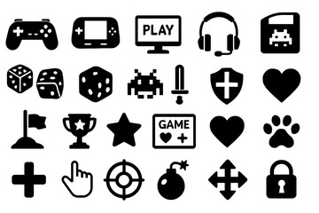 Poster - A set of gaming icons depicts controllers, dice, and retro game elements, suitable for app design, development, or user interface compositions