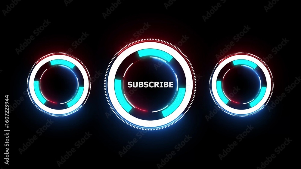 Three glowing circular H U D elements with subscribe button Stock ...